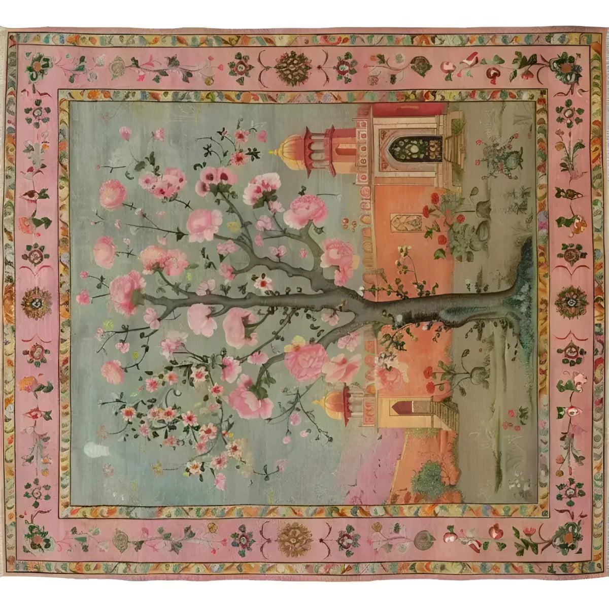 This Mughal Garden Hand Knotted Area Rug features a beautifully intricate design with a prominent tree adorned with pink blossoms, set against a serene landscape backdrop. The vintage rug is perfect for adding elegance to your living space, making it an ideal choice for area rugs for living room settings. Measuring 8x10, this Persian-inspired rug combines traditional artistry with modern flair, enhancing any home decor with its timeless appeal.