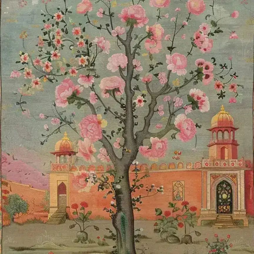 Exquisite Mughal Garden Hand Knotted Area Rug featuring a vibrant depiction of a blooming tree with pink flowers against a historic Mughal architectural backdrop, ideal for adding a vintage touch to living room rugs 8x10. Perfect for those seeking Persian rugs that blend art and elegance.