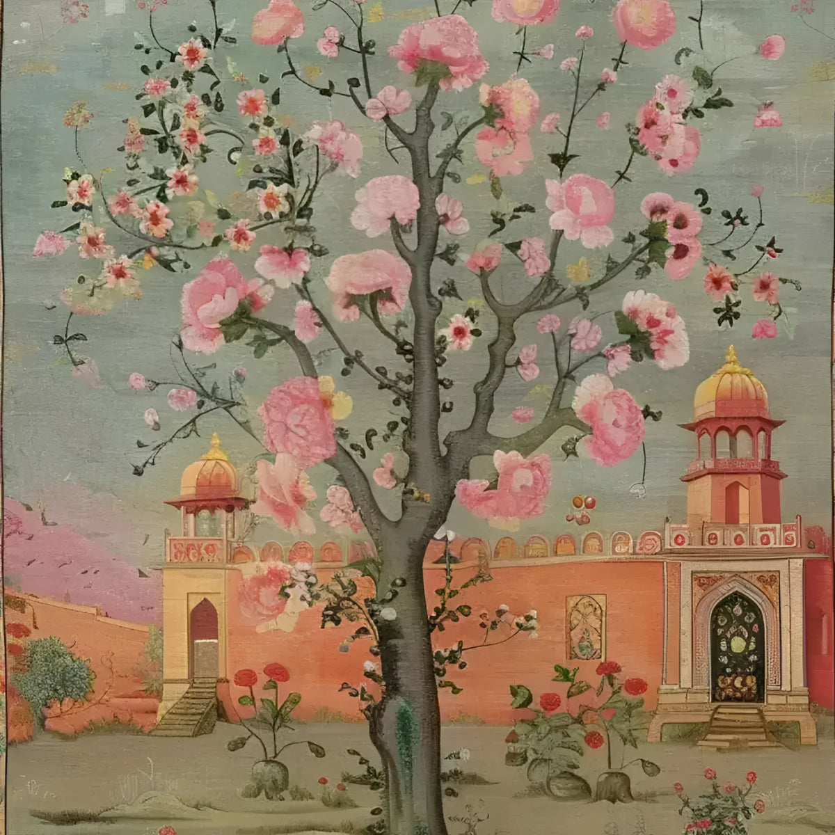 Exquisite Mughal Garden Hand Knotted Area Rug featuring a vibrant depiction of a blooming tree with pink flowers against a historic Mughal architectural backdrop, ideal for adding a vintage touch to living room rugs 8x10. Perfect for those seeking Persian rugs that blend art and elegance.