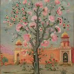 Exquisite Mughal Garden Hand Knotted Area Rug featuring a vibrant depiction of a blooming tree with pink flowers against a historic Mughal architectural backdrop, ideal for adding a vintage touch to living room rugs 8x10. Perfect for those seeking Persian rugs that blend art and elegance.