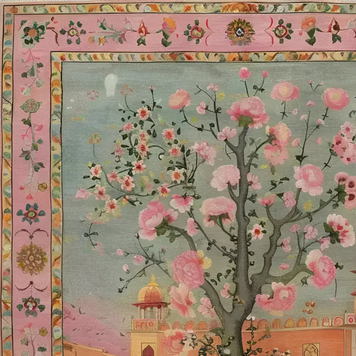A beautifully intricate Mughal Garden hand-knotted area rug featuring a stunning floral and architectural design. The rug showcases vibrant pink blossoms and a traditional Persian motif, making it a perfect vintage rug for adding elegance to any living room. Ideal for those seeking area rugs for living rooms, this 8x10 rug combines classic Persian aesthetics with modern charm.