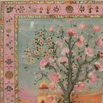 A beautifully intricate Mughal Garden hand-knotted area rug featuring a stunning floral and architectural design. The rug showcases vibrant pink blossoms and a traditional Persian motif, making it a perfect vintage rug for adding elegance to any living room. Ideal for those seeking area rugs for living rooms, this 8x10 rug combines classic Persian aesthetics with modern charm.