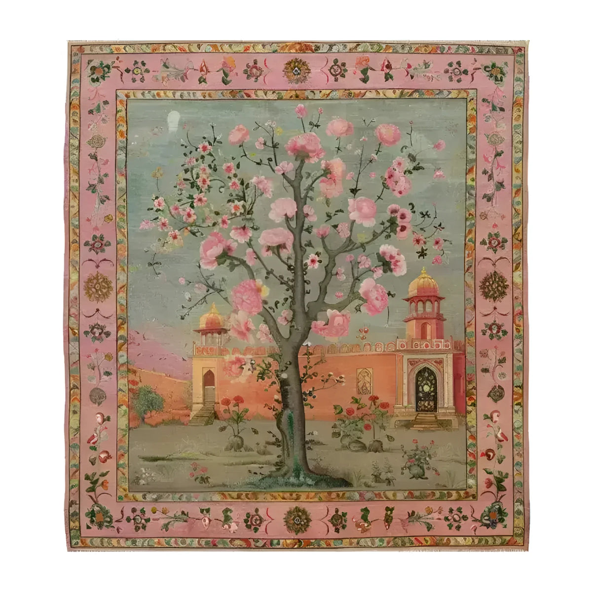 hand-knotted Mughal Garden rug with pink blossoming tree, Mughal palace backdrop, sage field, floral border