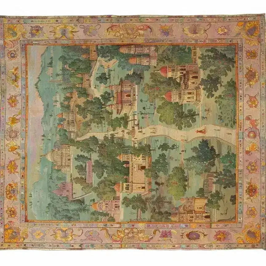 A stunning Mughal Marvel hand-knotted area rug, showcasing intricate vintage designs with architectural motifs and lush greenery. This Persian-inspired rug is perfect for adding a touch of elegance to your living room decor, providing a sophisticated blend of tradition and artistry.