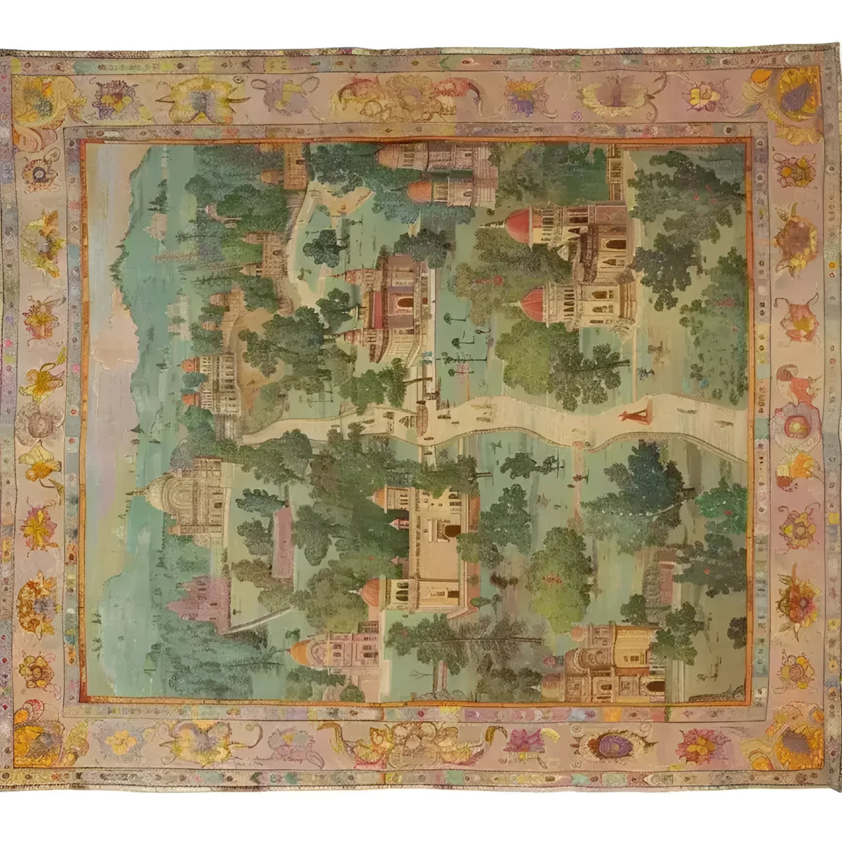 A stunning Mughal Marvel hand-knotted area rug, showcasing intricate vintage designs with architectural motifs and lush greenery. This Persian-inspired rug is perfect for adding a touch of elegance to your living room decor, providing a sophisticated blend of tradition and artistry.