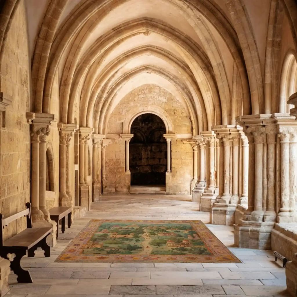 Elegant Mughal Marvel Hand Knotted Area Rug set in a historic arched hallway. This vintage rug, perfect for area rugs for living room, showcases intricate Persian designs, enhancing the timeless beauty of the space.