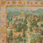 A beautifully detailed Mughal Marvel Hand Knotted Area Rug featuring intricate floral borders and a vibrant depiction of traditional Mughal architecture and landscapes. This vintage rug is perfect for adding an elegant touch to area rugs for living room spaces, blending the classic charm of Persian rugs with a unique artistic design.