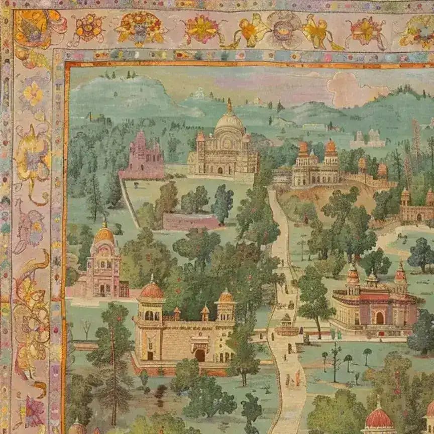 A beautifully detailed Mughal Marvel Hand Knotted Area Rug featuring intricate floral borders and a vibrant depiction of traditional Mughal architecture and landscapes. This vintage rug is perfect for adding an elegant touch to area rugs for living room spaces, blending the classic charm of Persian rugs with a unique artistic design.