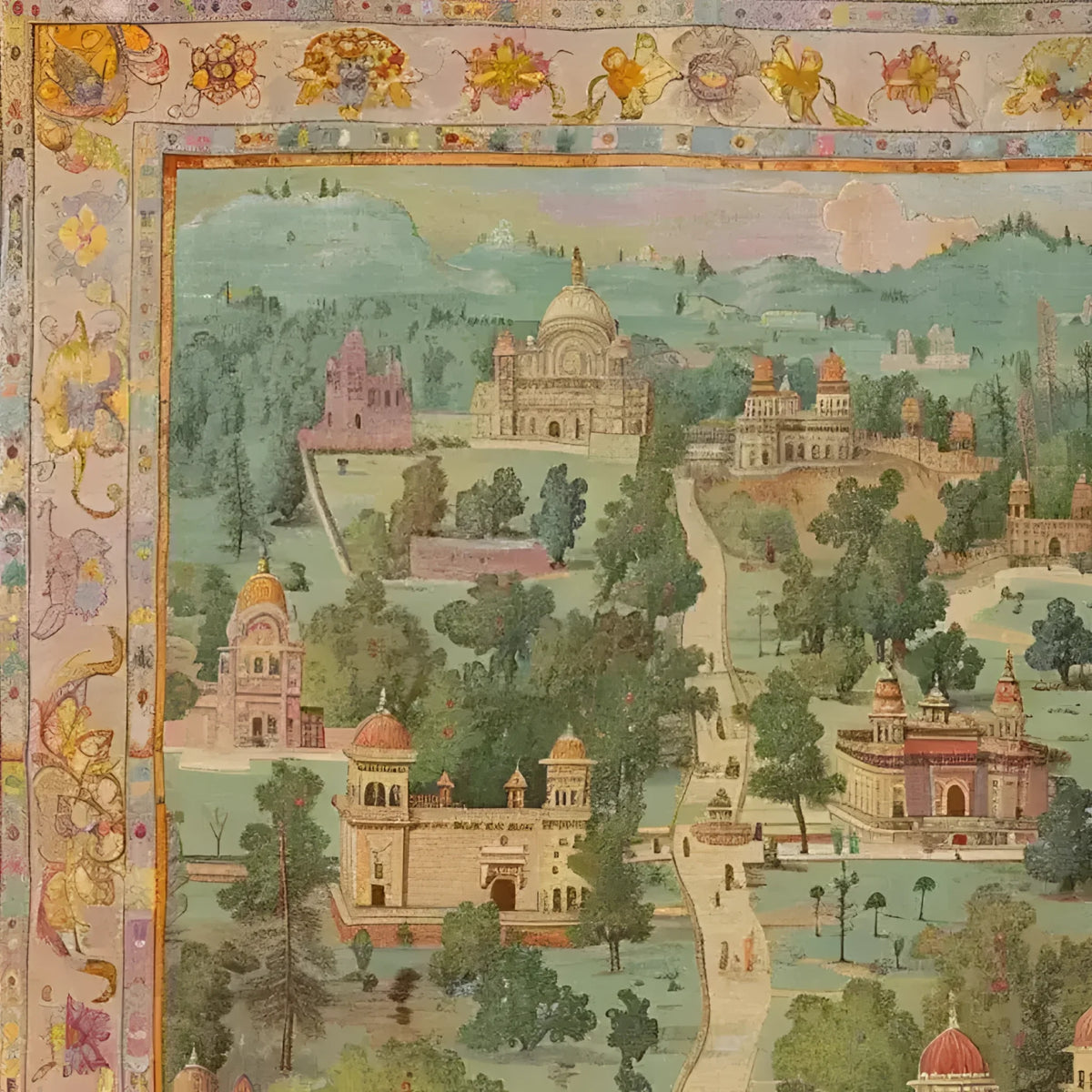 A beautifully detailed Mughal Marvel Hand Knotted Area Rug featuring intricate floral borders and a vibrant depiction of traditional Mughal architecture and landscapes. This vintage rug is perfect for adding an elegant touch to area rugs for living room spaces, blending the classic charm of Persian rugs with a unique artistic design.