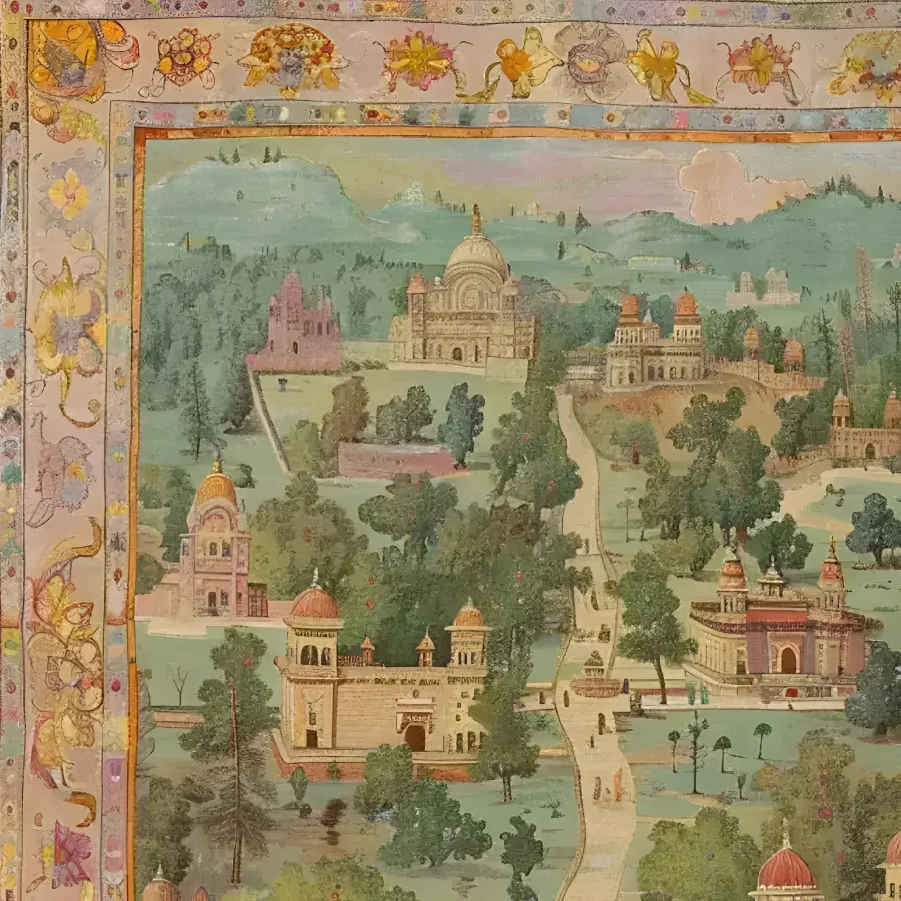 A beautifully detailed Mughal Marvel Hand Knotted Area Rug featuring intricate floral borders and a vibrant depiction of traditional Mughal architecture and landscapes. This vintage rug is perfect for adding an elegant touch to area rugs for living room spaces, blending the classic charm of Persian rugs with a unique artistic design.