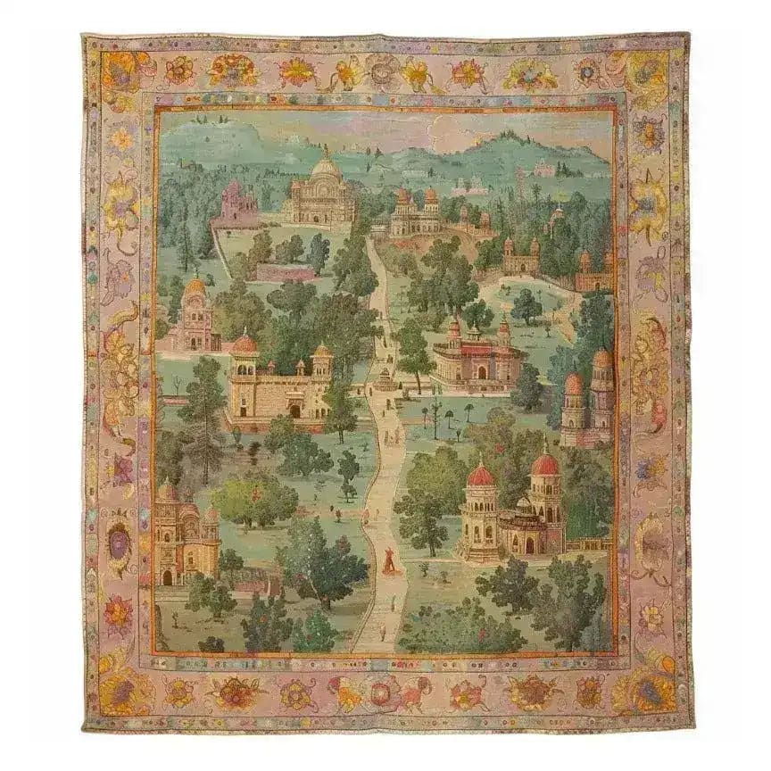 The Mughal Marvel Hand Knotted Area Rug showcases an intricate vintage design, perfect for adding a touch of elegance to your living room. This exquisite Persian rug features detailed architectural motifs and lush gardens, embodying the grandeur of historic artistry.