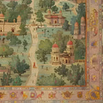 A beautifully detailed hand-knotted area rug showcasing a Mughal-inspired landscape with intricate architecture and lush greenery, perfect for adding a vintage touch to your living room. This Persian-style rug combines elegance and history, making it an ideal choice for those seeking unique area rugs for living rooms.