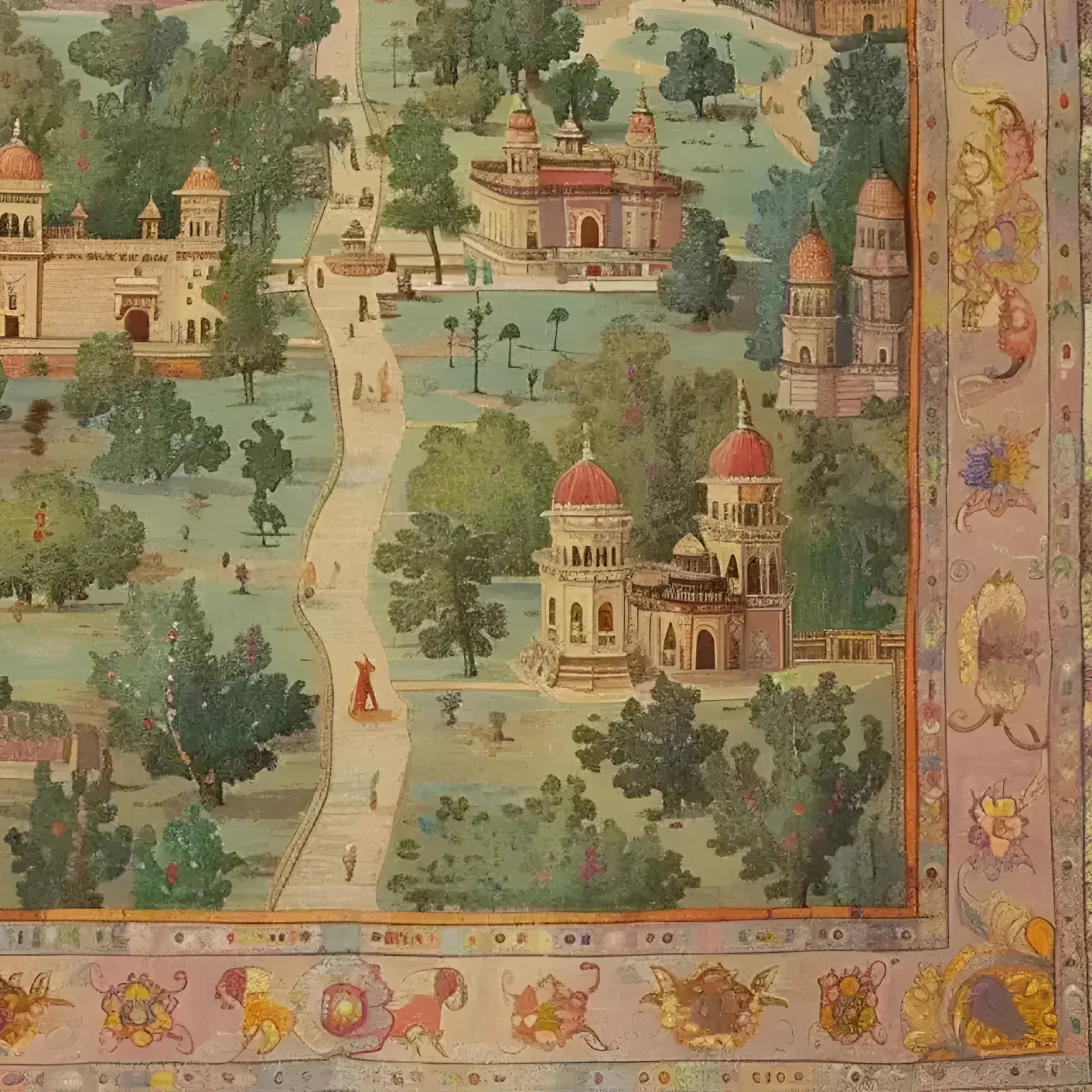 A beautifully detailed hand-knotted area rug showcasing a Mughal-inspired landscape with intricate architecture and lush greenery, perfect for adding a vintage touch to your living room. This Persian-style rug combines elegance and history, making it an ideal choice for those seeking unique area rugs for living rooms.