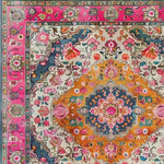Vibrant multicolored floral wool hand-knotted area rug with intricate patterns, perfect for a dining room or living room. This square rug showcases a Persian-inspired design with rich pink, orange, and blue hues, ideal as a dining table rug or elegant dining room carpet.
