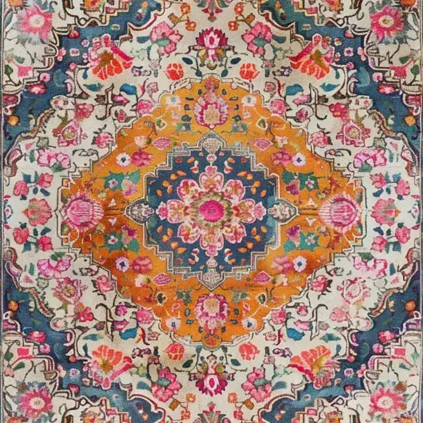 A vibrant multicolored floral area rug with intricate hand-knotted wool patterns, perfect for a dining room or living room. This square rug features Persian-inspired designs with rich blues, oranges, and pinks, making it a stylish addition to dining room carpets or as a centerpiece under a dining table.