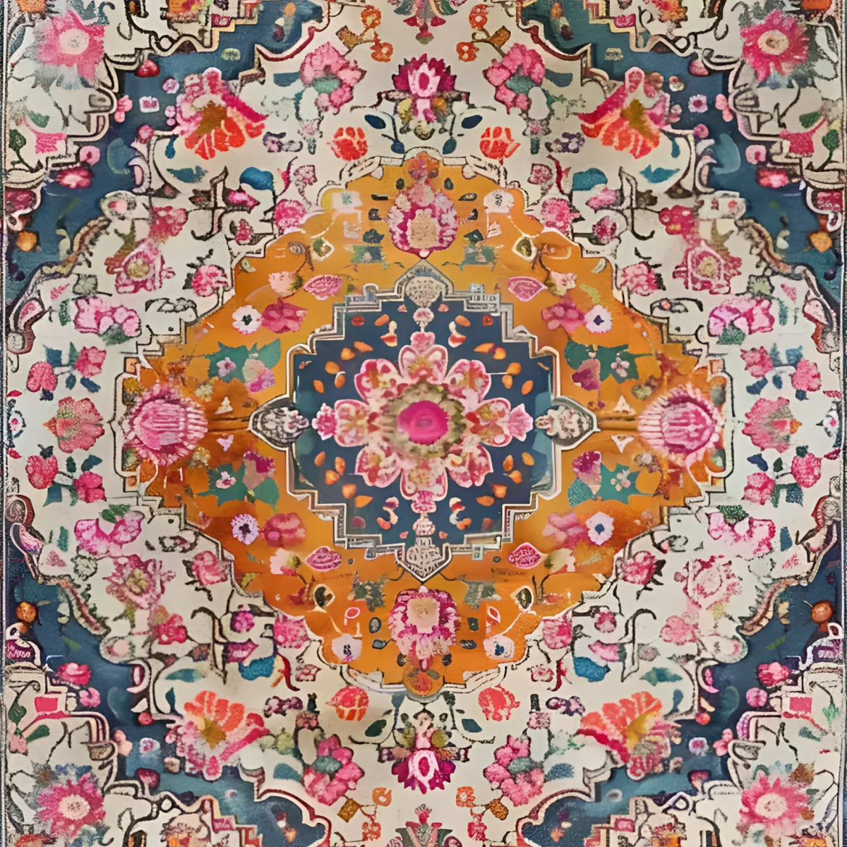 A vibrant multicolored floral area rug with intricate hand-knotted wool patterns, perfect for a dining room or living room. This square rug features Persian-inspired designs with rich blues, oranges, and pinks, making it a stylish addition to dining room carpets or as a centerpiece under a dining table.