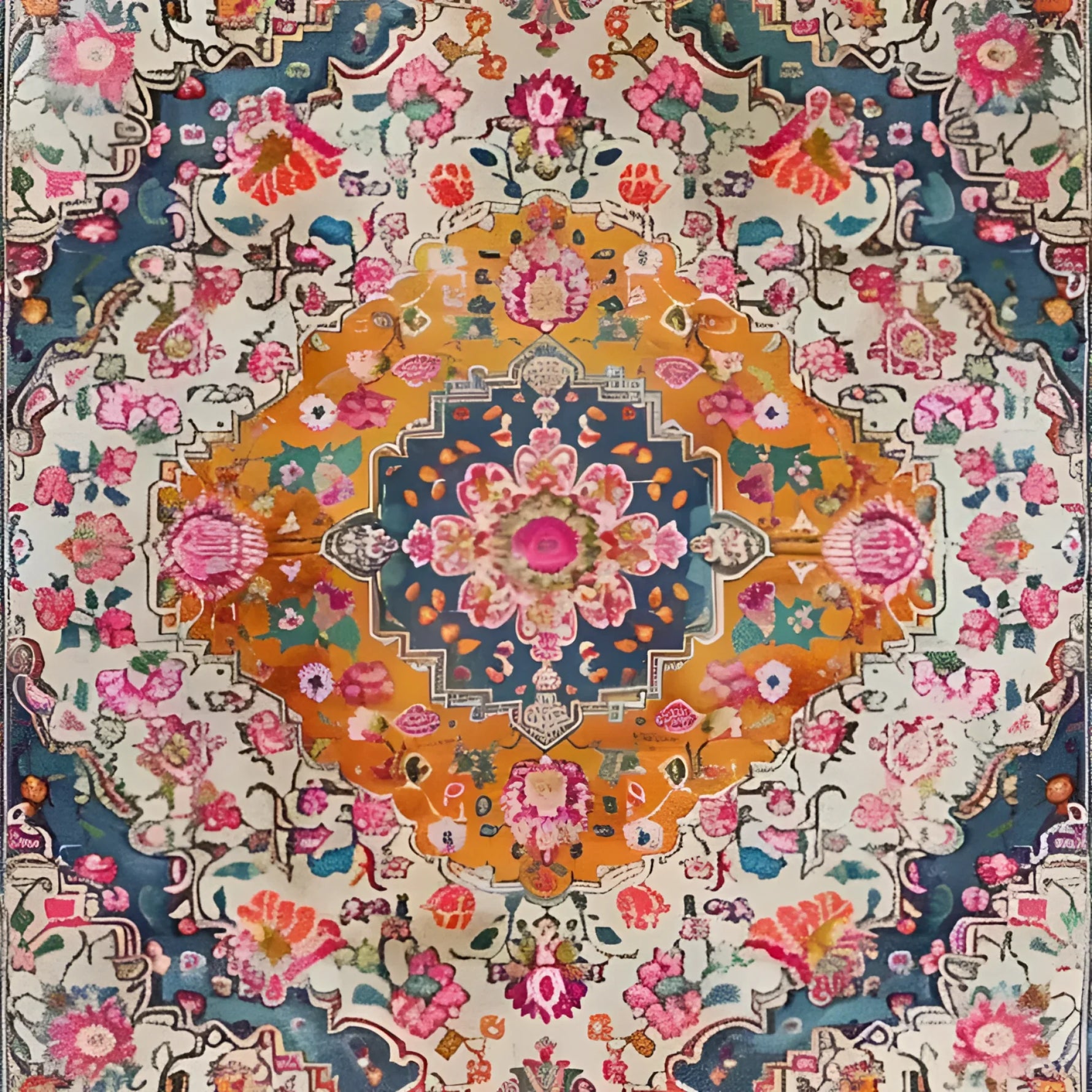 A vibrant multicolored floral area rug with intricate hand-knotted wool patterns, perfect for a dining room or living room. This square rug features Persian-inspired designs with rich blues, oranges, and pinks, making it a stylish addition to dining room carpets or as a centerpiece under a dining table.
