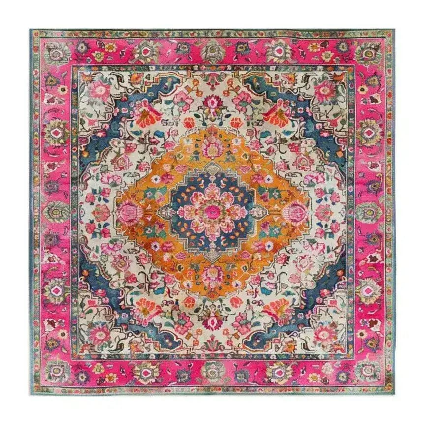 Vibrant multicolored floral wool hand-knotted area rug showcasing intricate Persian-inspired designs with a bold centerpiece. The square rug features a harmonious blend of pink, orange, and blue hues, perfect for adding a splash of color to your dining room or living room. This dining table rug doubles as a stunning focal point among dining room carpets.