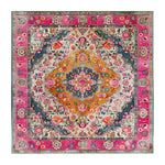 Vibrant multicolored floral wool hand-knotted area rug showcasing intricate Persian-inspired designs with a bold centerpiece. The square rug features a harmonious blend of pink, orange, and blue hues, perfect for adding a splash of color to your dining room or living room. This dining table rug doubles as a stunning focal point among dining room carpets.