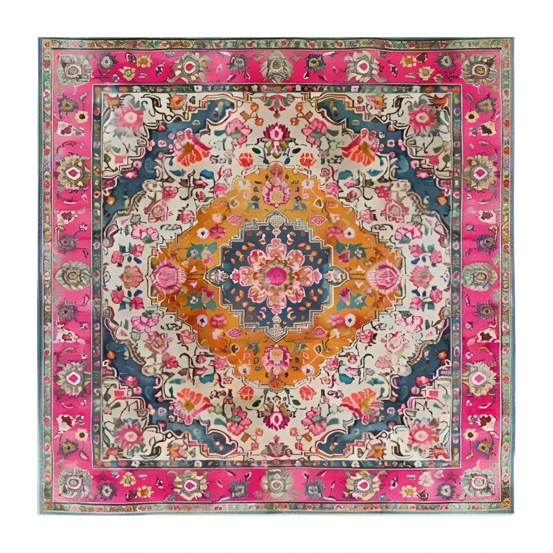 Vibrant multicolored floral wool hand-knotted area rug showcasing intricate Persian-inspired designs with a bold centerpiece. The square rug features a harmonious blend of pink, orange, and blue hues, perfect for adding a splash of color to your dining room or living room. This dining table rug doubles as a stunning focal point among dining room carpets.