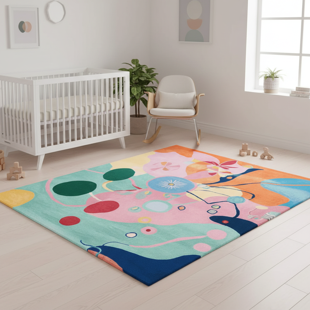 Colorful abstract rug in a nursery with a crib and rocking chair.
