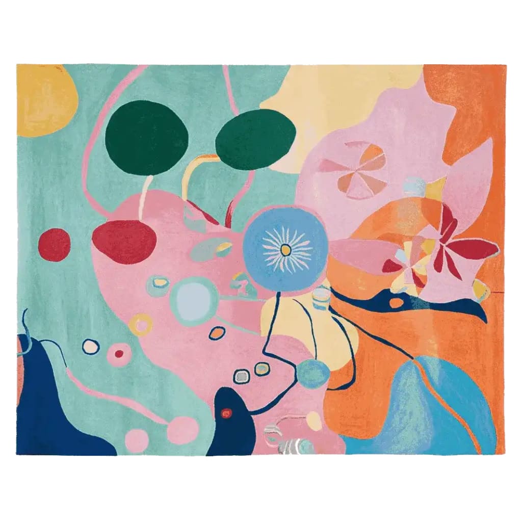 Colorful Multiform Madness Hand Tufted Area Rug featuring an abstract design with vibrant hues of pink, green, blue, and orange, perfect as a contemporary wool rug for living room spaces.