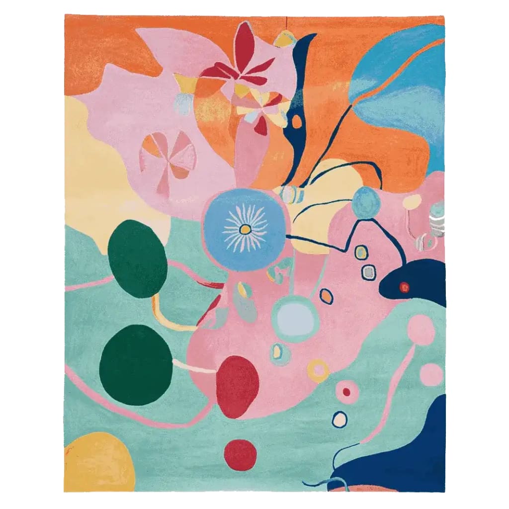 Vibrant and contemporary area rug with abstract multicolor design, ideal for adding a pop of color to any living room. This hand tufted wool rug features dynamic shapes and a lively palette, perfect for modern decor enthusiasts seeking unique living room area rugs.