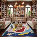 Living room with a colorful abstract rug, beige sofas, and decorative wall art.