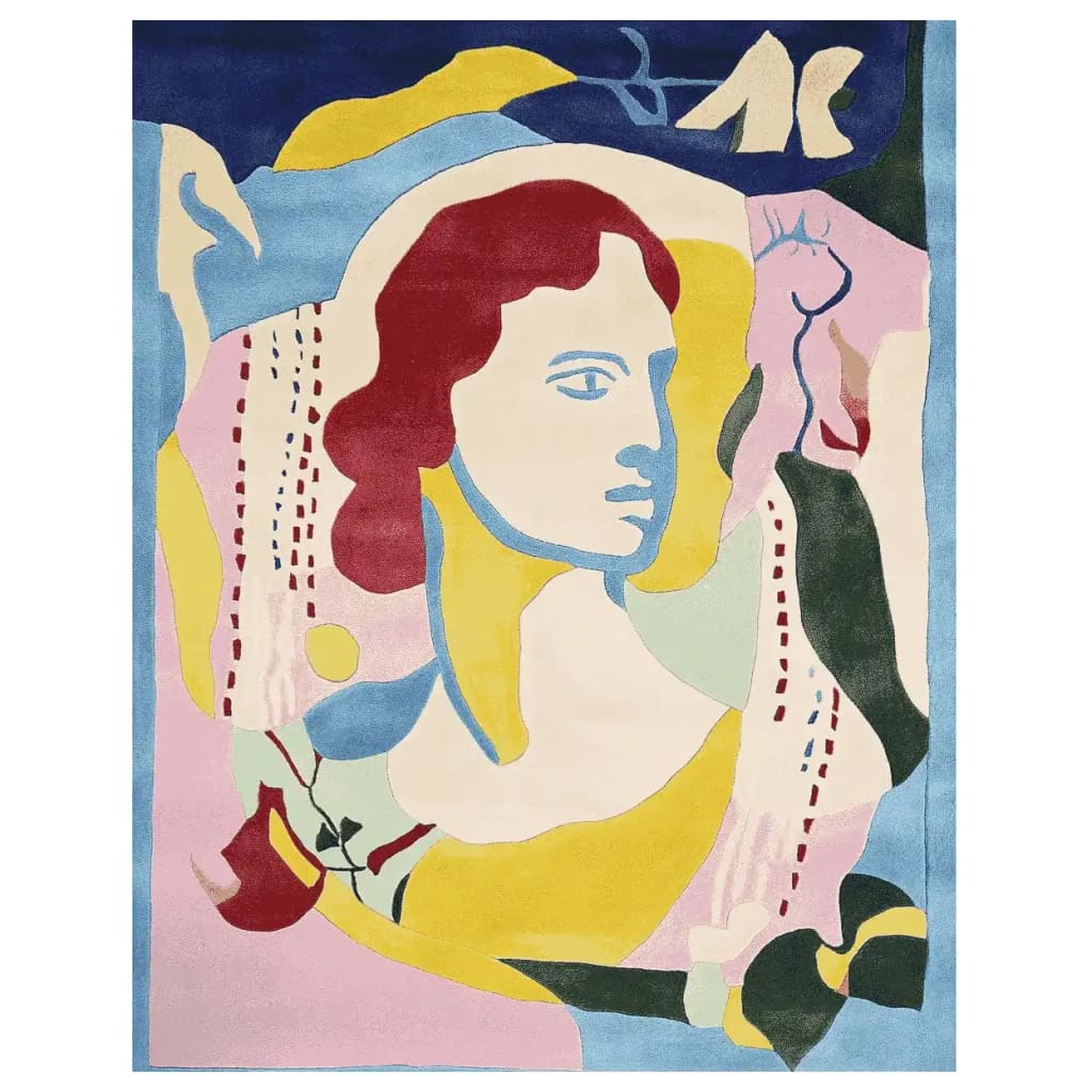 Vibrant Muse of Petals area rug showcasing an abstract portrait design in rich blues, yellows, and pinks. This contemporary wool rug is perfect for adding a splash of color to large living rooms, combining artistry with comfort.