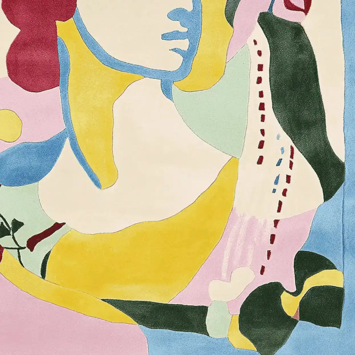 A vibrant and abstract design on the Muse of Petals Hand Tufted Area Rug, showcasing bold colors like yellow, pink, blue, and green. This contemporary wool rug is perfect for adding a splash of color to large living rooms, offering an artistic touch to any decor.