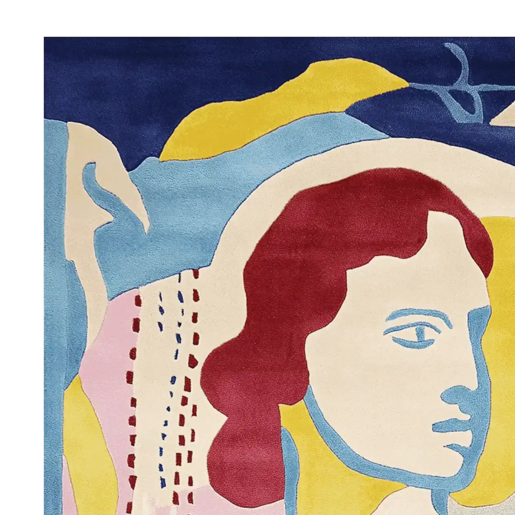 Contemporary area rug with an abstract design, featuring a colorful depiction of a face in vibrant hues of red, blue, and yellow. This wool rug is perfect for adding an artistic touch to large living rooms.