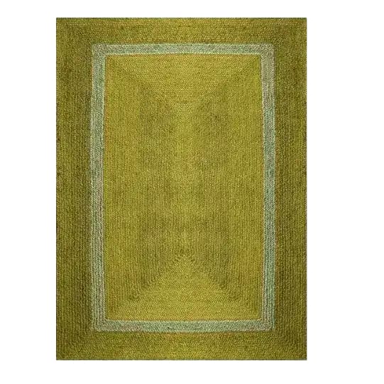 Top view of a Mustard and Gray Braided Jute Rug, perfect for adding a natural touch to your dining room or living space. This 8x10 area rug features a subtle mustard color with a gray border, making it an ideal choice for living room rugs and enhancing any modern living room decor.