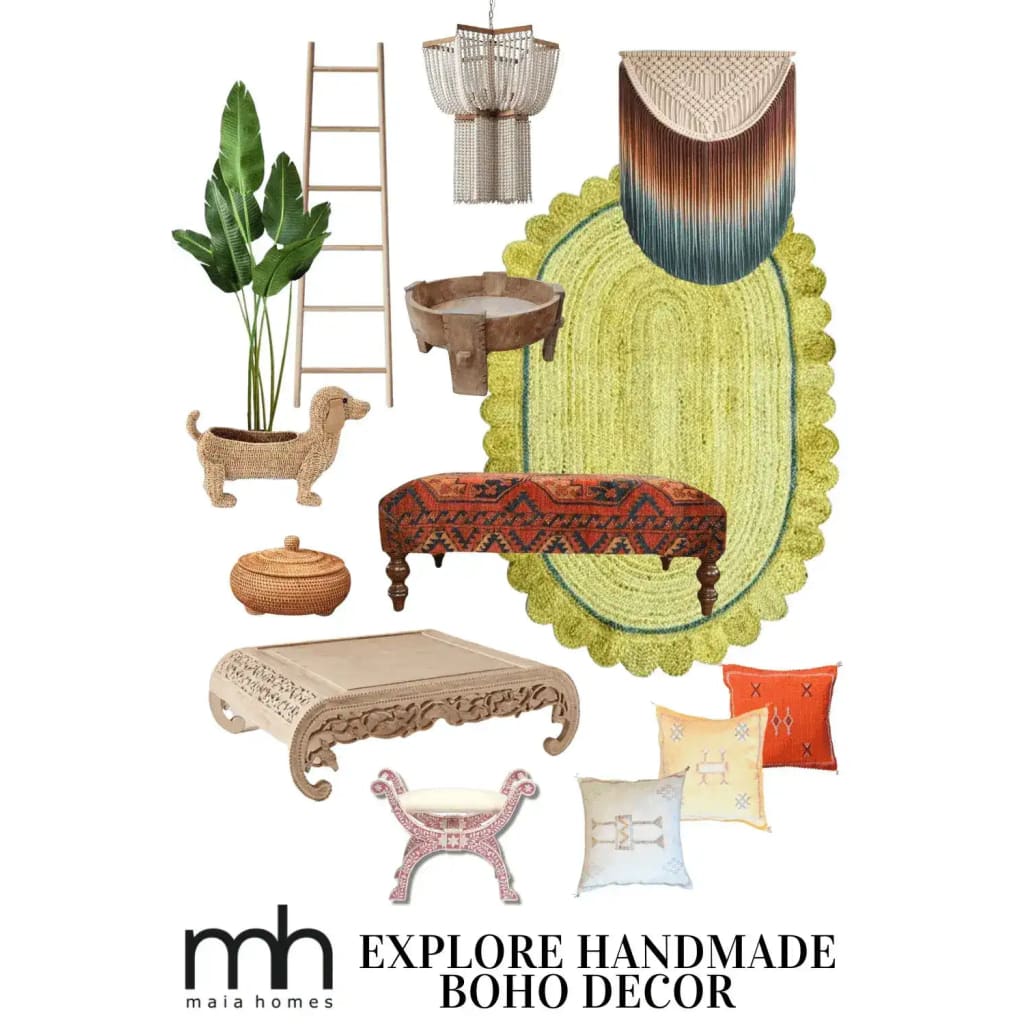 A stylish arrangement of boho decor items featuring a mustard scalloped jute area rug, perfect for large living rooms. The rug is surrounded by complementary decor pieces including a decorative ladder, woven dog planter, and various cushions. This setup highlights the rug's natural texture, making it ideal for a cozy and inviting living room space. Great for those seeking large area rugs with a bohemian flair.