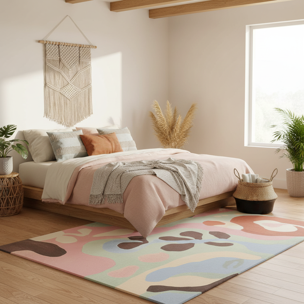 Cozy bedroom with a bed, colorful rug, and decorative elements.