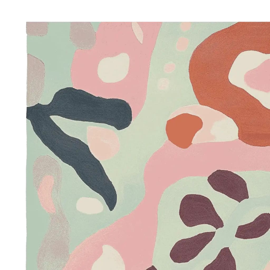 A vibrant contemporary area rug featuring an abstract floral pattern in muted colors of pink, green, orange, and black. This wool rug is perfect for adding a stylish touch to living room area rugs. Ideal for those seeking unique area rugs for living room spaces.