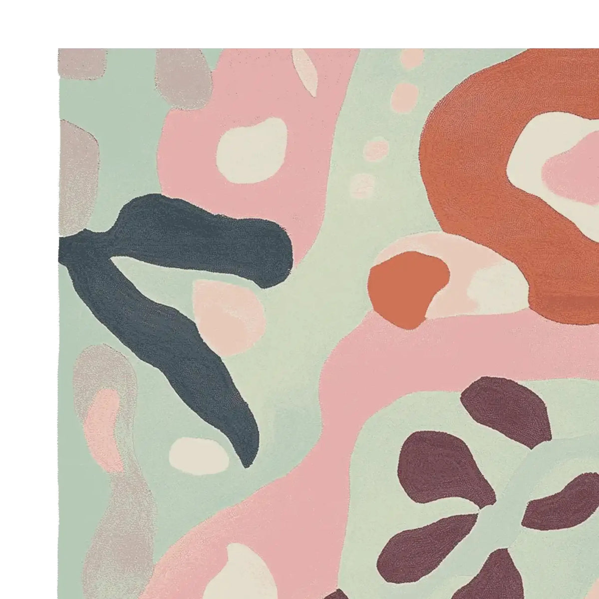 A vibrant contemporary area rug featuring an abstract floral pattern in muted colors of pink, green, orange, and black. This wool rug is perfect for adding a stylish touch to living room area rugs. Ideal for those seeking unique area rugs for living room spaces.