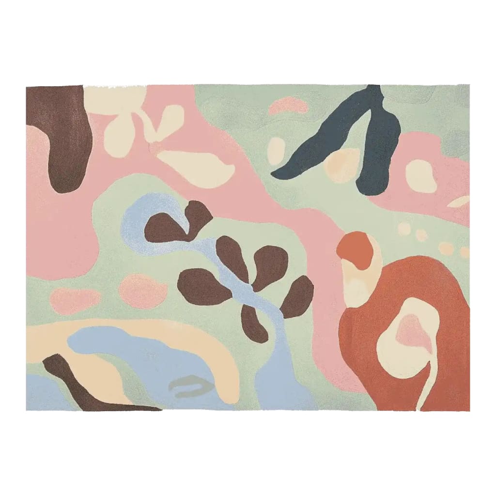 Top view of the Muted Flora Song Hand Tufted Area Rug featuring an abstract design with soft pastel colors, perfect for a contemporary living room. This wool rug adds a touch of elegance to any space, making it an ideal choice for area rugs in living rooms.