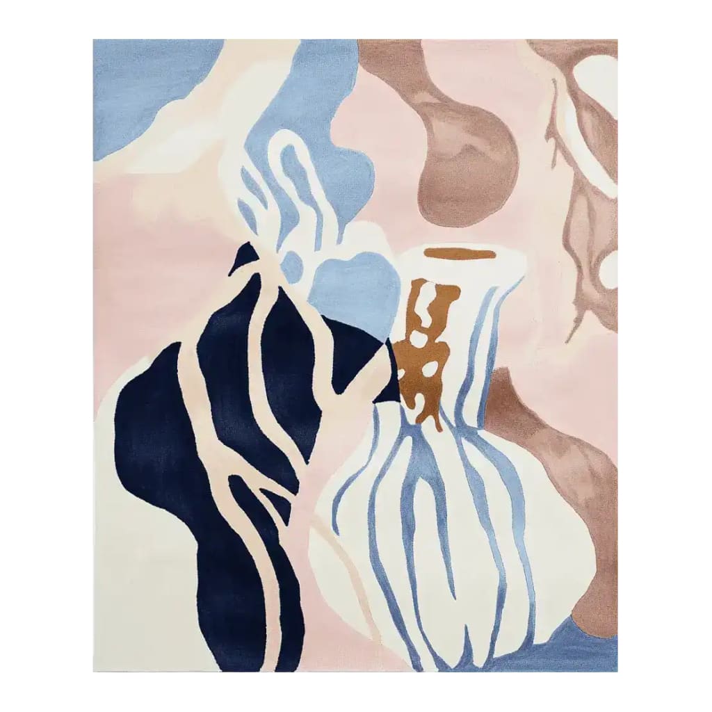 Top view of the Muted Memory Vase Hand Tufted Rug, featuring an abstract design with soft pastel hues and flowing shapes, ideal as a contemporary wool rug. Perfect for large living rooms, this area rug adds an artistic touch to any space.