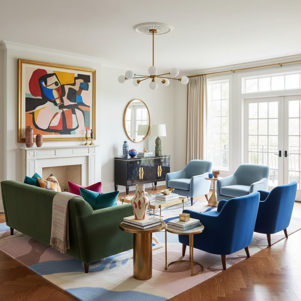 Living room with green sofa, blue chairs, a contemporary wool rug, and abstract art on the wall.