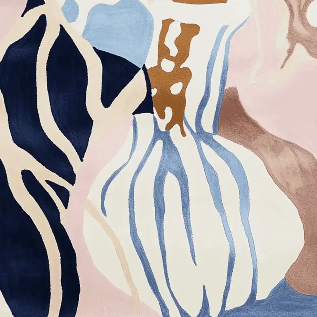 Close-up view of the Muted Memory Vase Hand Tufted Rug, showcasing its abstract design with bold navy, light blue, and brown patterns. This contemporary wool area rug is perfect for adding a modern touch to large living rooms, making it an ideal choice for those seeking stylish area rugs for their living space.