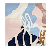Top view of a contemporary area rug featuring an abstract design with soft pastel colors including blue, pink, and beige. This wool rug is perfect for adding a modern touch to large living rooms, providing a stylish and cozy atmosphere.