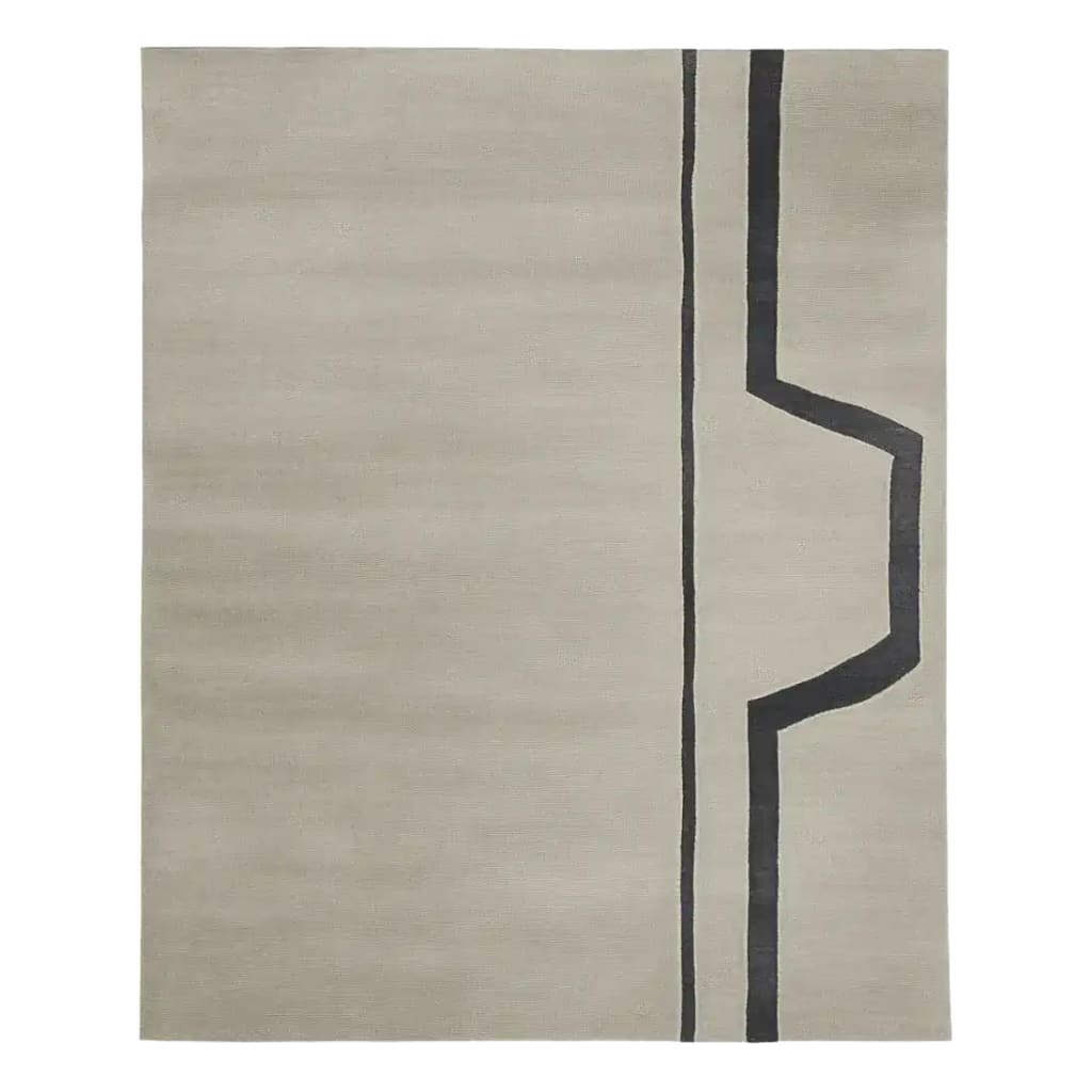 Top view of a muted modern line hand tufted area rug, featuring a simple yet elegant design with a beige background and bold, abstract black lines. Perfect for adding a contemporary touch to your living room, this wool rug combines style and comfort, making it a great addition to any home decor.