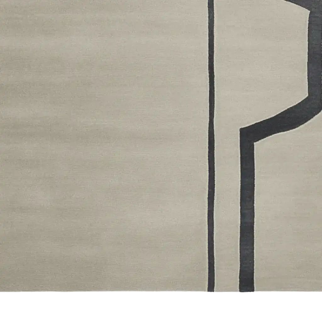 A contemporary wool area rug with a muted modern design, featuring clean lines in black against a beige background. Perfect for adding a stylish touch to living rooms, this hand-tufted rug exemplifies elegant simplicity in area rugs for living room settings.