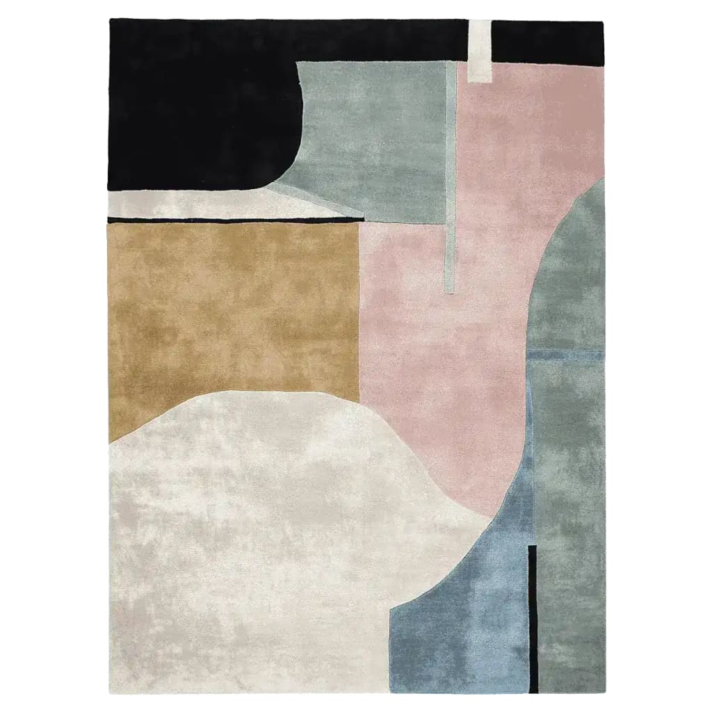 Top view of a contemporary area rug with an abstract geometric design, featuring muted tones of black, pink, blue, and tan. This wool rug, perfect for living room spaces, measures 8x10 and adds a touch of modern elegance.