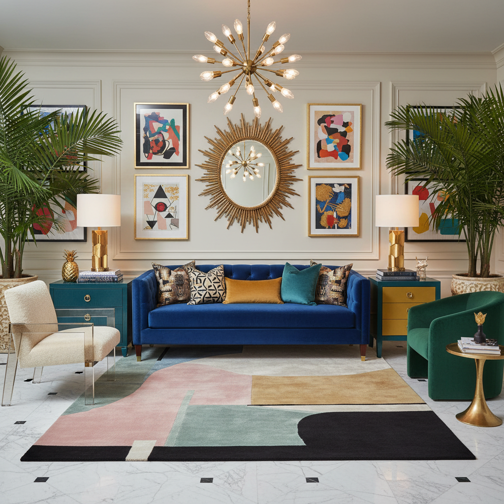 Modern living room with a blue sofa, colorful rug, and decorative wall art.