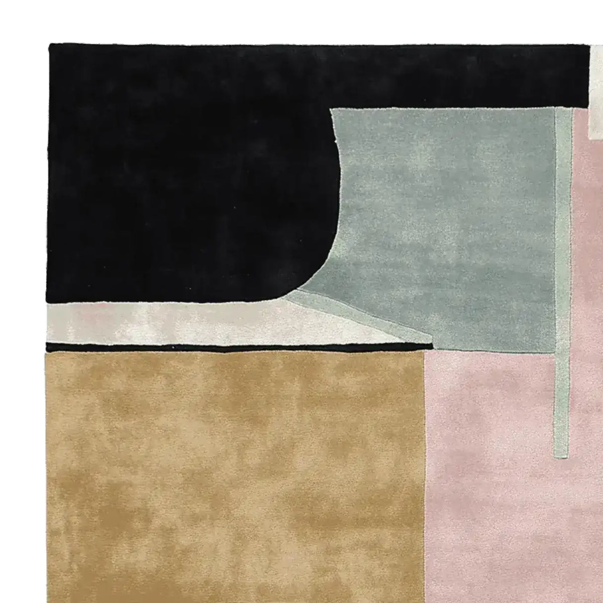 A contemporary area rug featuring a geometric design with muted tones of black, grey, tan, and pink. This wool rug adds a modern touch, perfect for living room rugs 8x10. Ideal for those seeking stylish area rugs for living rooms.