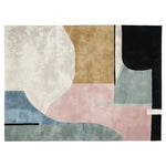 Top view of the Muted Motion Block Hand Tufted Rug, a contemporary area rug featuring an abstract design with soft pastel colors including beige, pink, blue, and black. Perfect as a wool rug for modern living rooms, measuring 8x10, adding a stylish touch to any area.