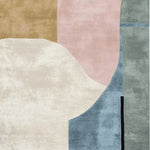 A contemporary area rug featuring an abstract design with muted tones of beige, pink, and blue. This wool rug is ideal for modern living spaces, perfectly sized for an 8x10 living room setup.