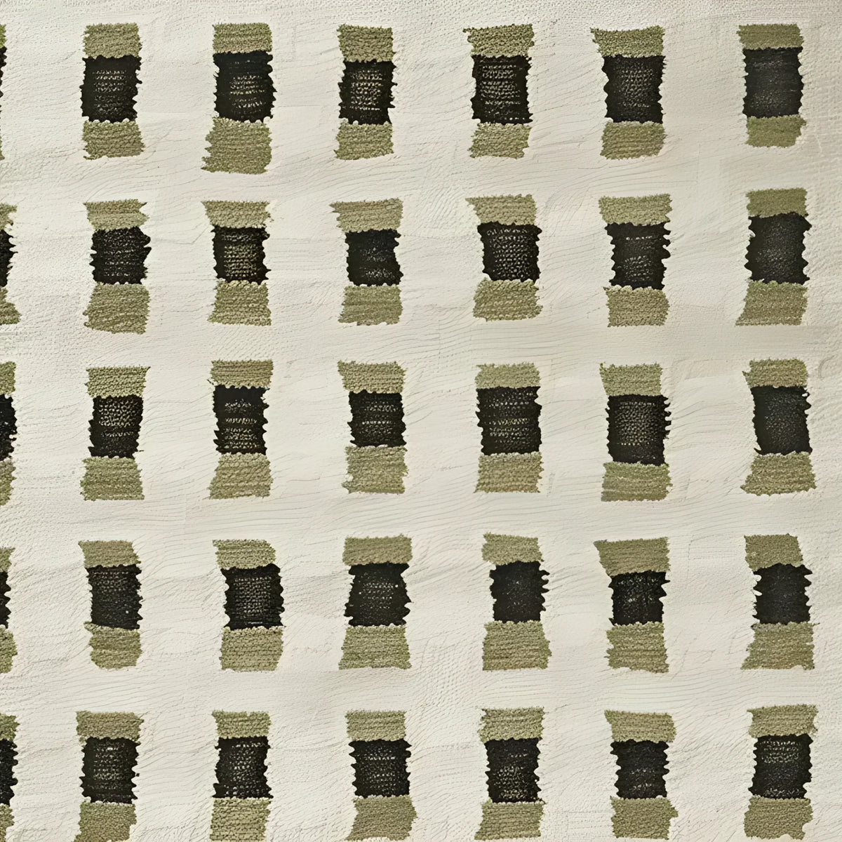 Close-up view of a contemporary hand-knotted wool area rug featuring a modern geometric pattern in muted tones, ideal for enhancing living room spaces.