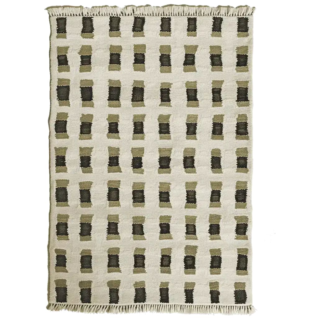 Top view of a contemporary hand-knotted wool area rug featuring a muted geometric pattern, ideal for adding a stylish touch to living room decor.